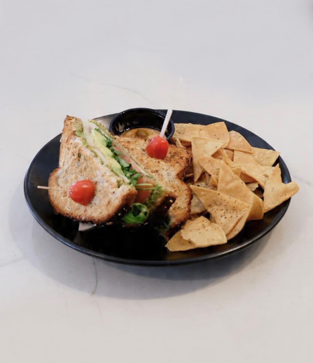 Turkey Sandwich with chips and hummus