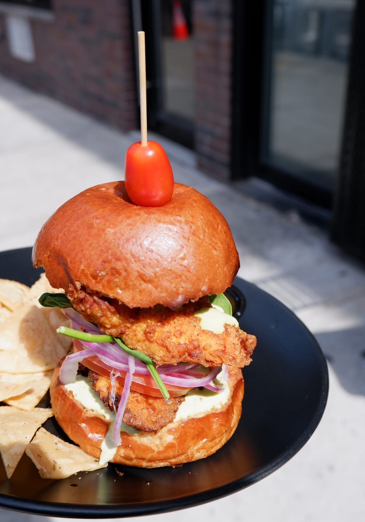 Chicken Sandwich with chips and hummus